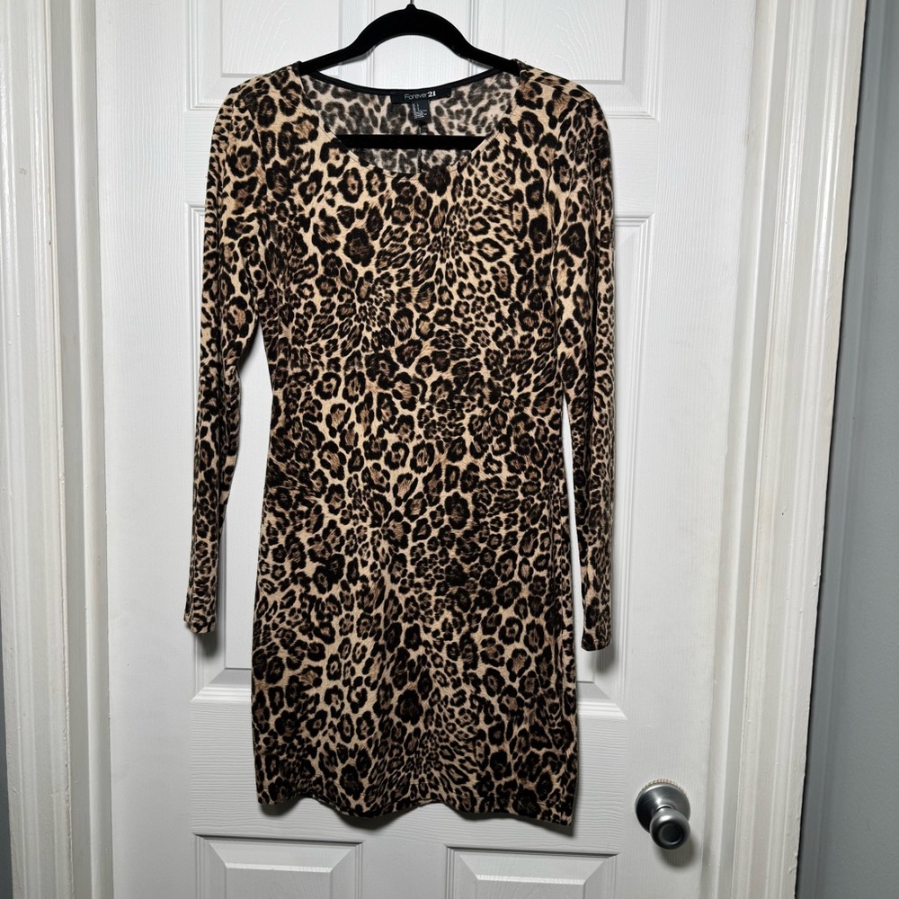 Forever 21 Leopard Print Bodycon Mini Dress Long Sleeve Y2K Large